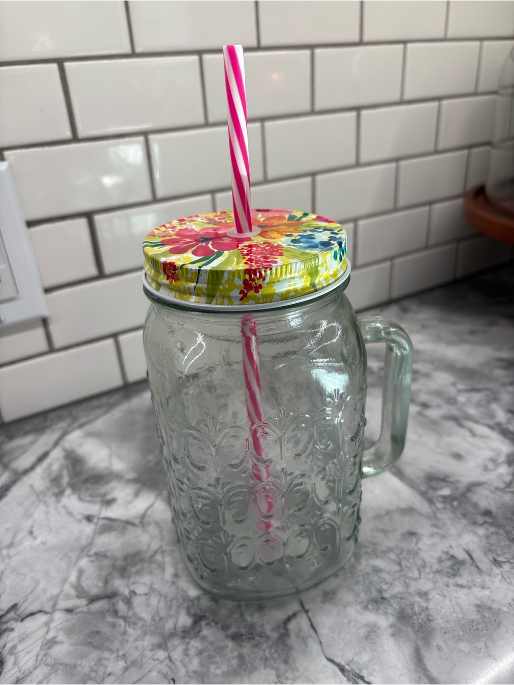 Floral Mason-Style Drinking Jar with Pink Stripe Straw